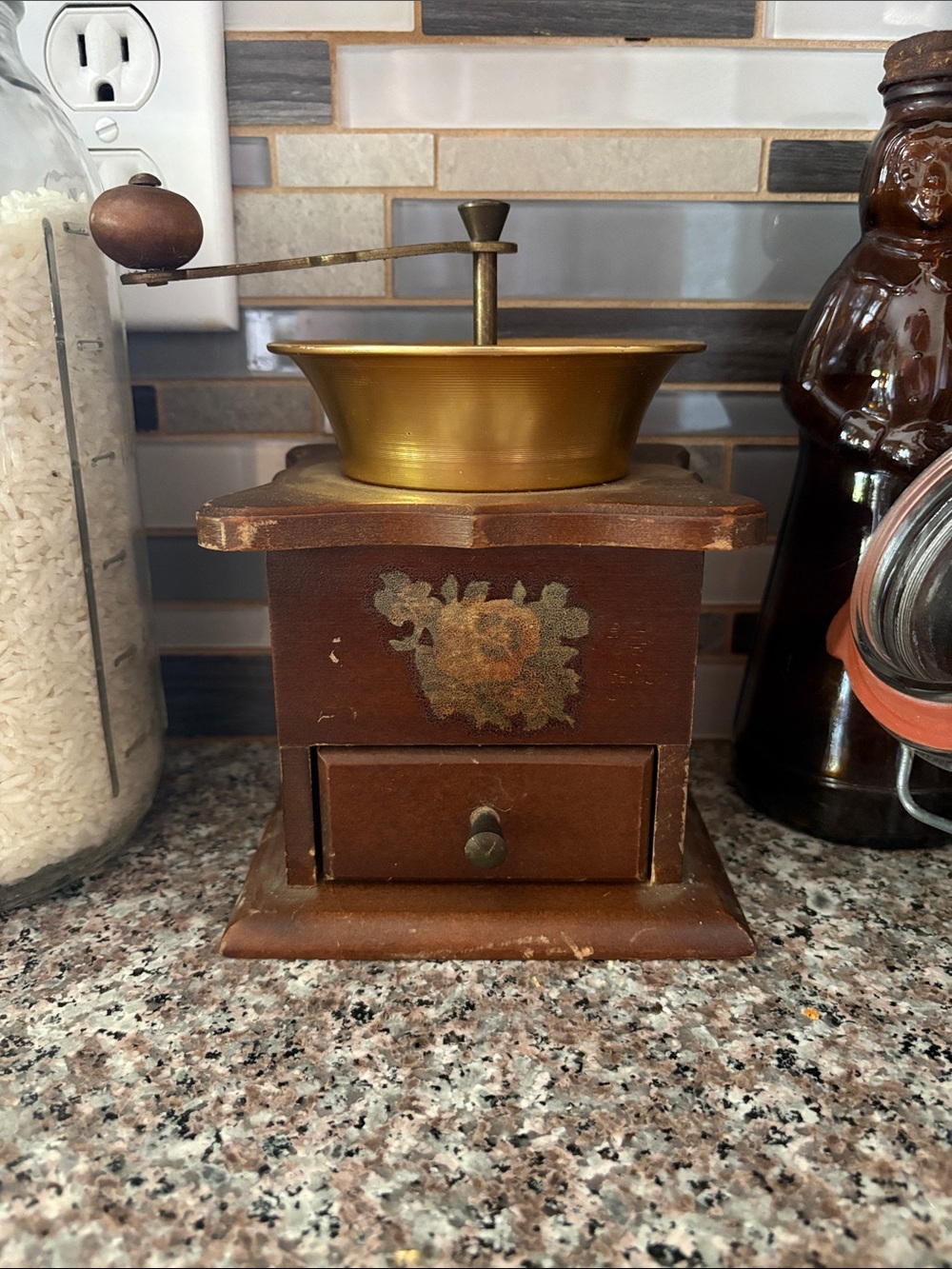 Vintage Wooden Coffee Grinder with Brass Bowl